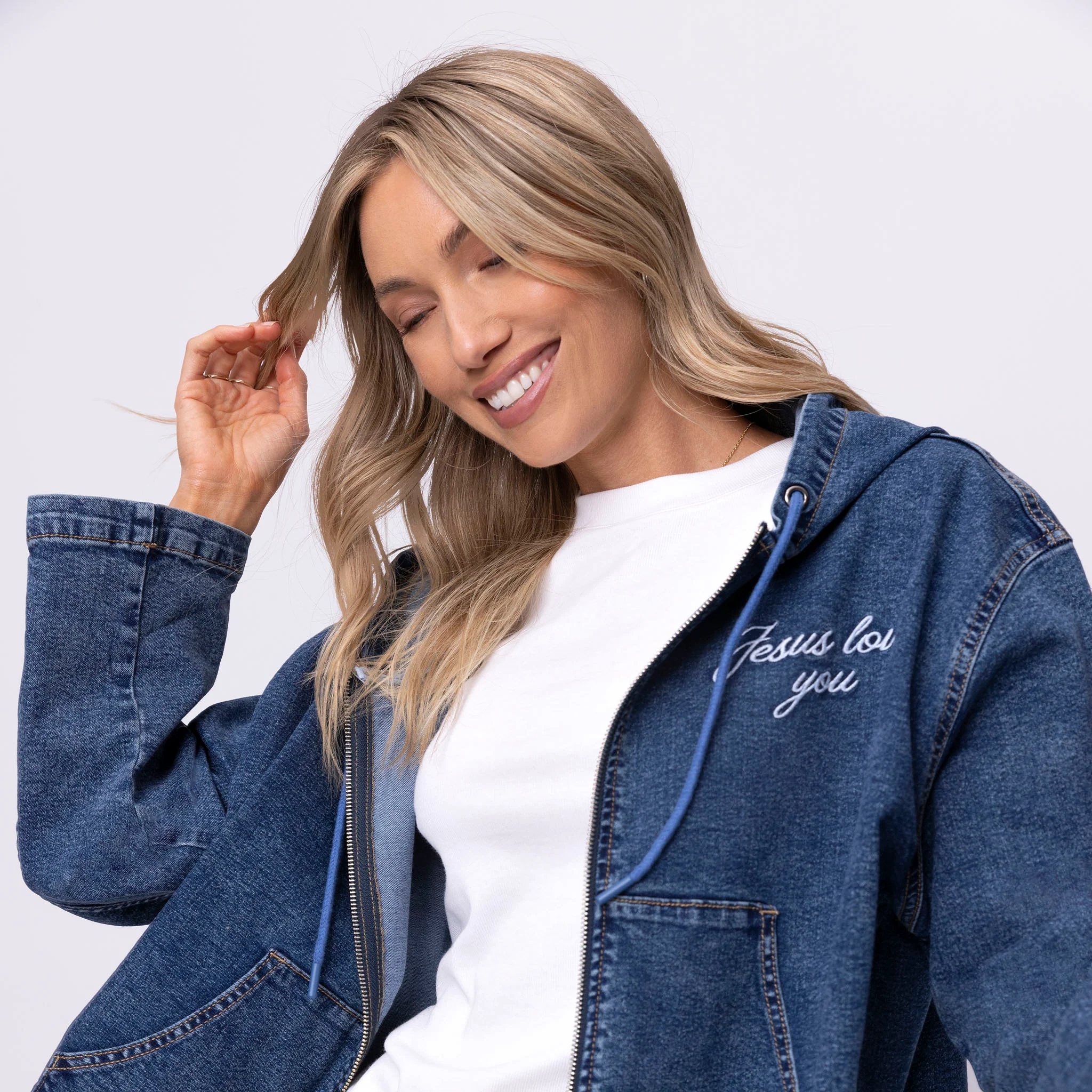 Vintage Washed Jesus Loves You Denim Hoodie - Image 4