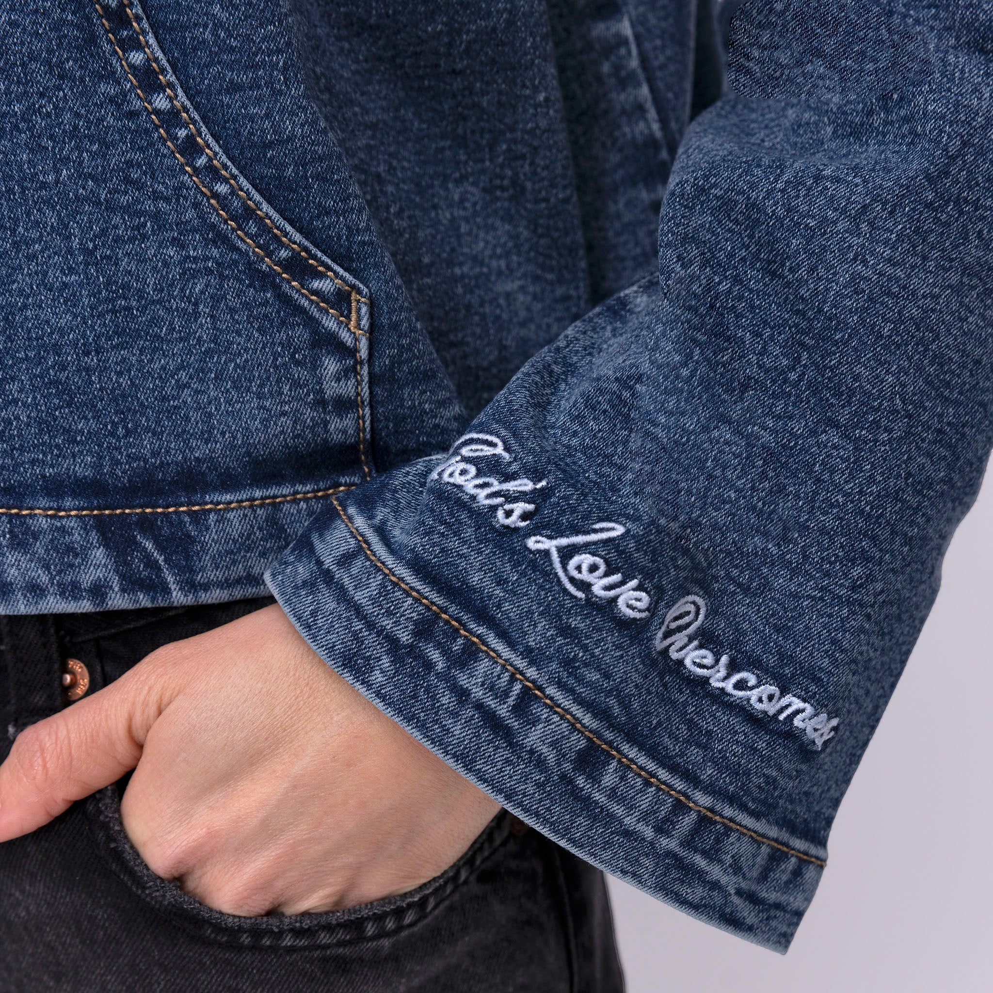 Vintage Washed Jesus Loves You Denim Hoodie - Image 6